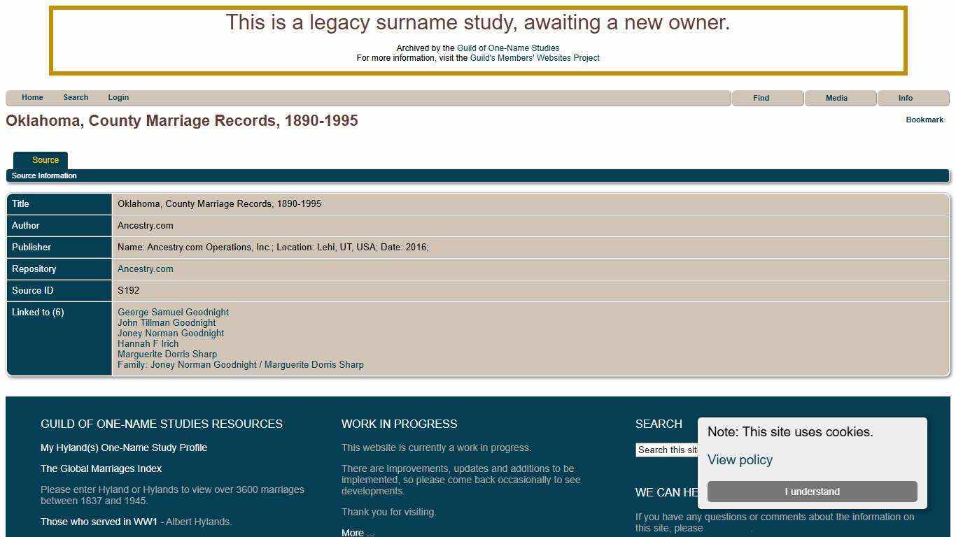 Oklahoma, County Marriage Records, 1890-1995: The Family History of the Hylands Family